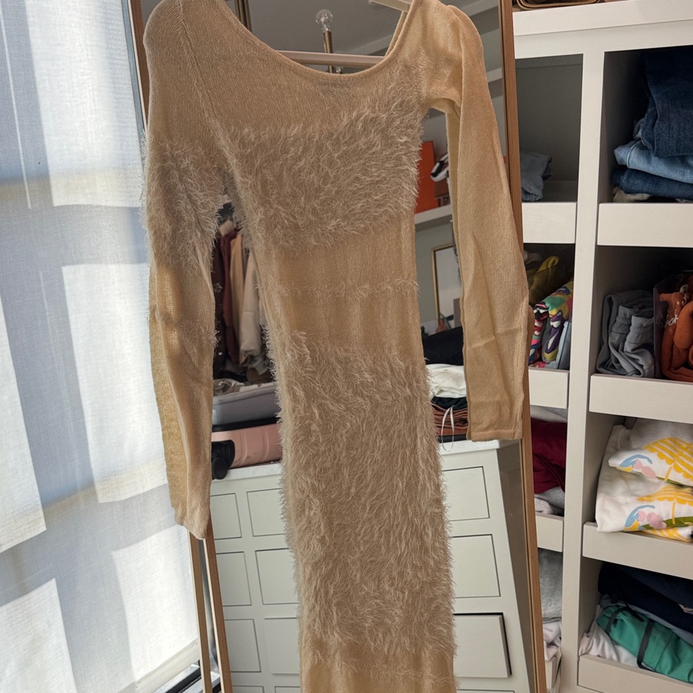 Maniere De Voir Textured Beige Long Sleeve Dress